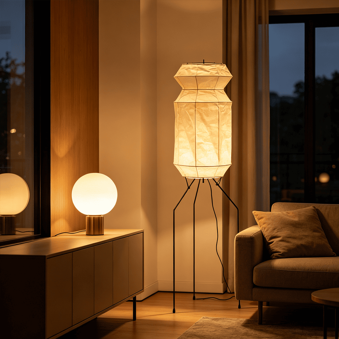 Akari UF3-L6 Slim Crinkled Washi Paper Tall Floor Lamp