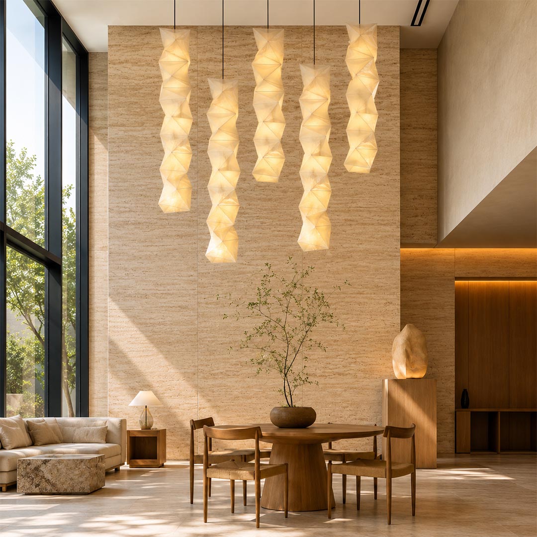 Akari L8 Washi Paper Accordion Pleated Tall Pendant Light