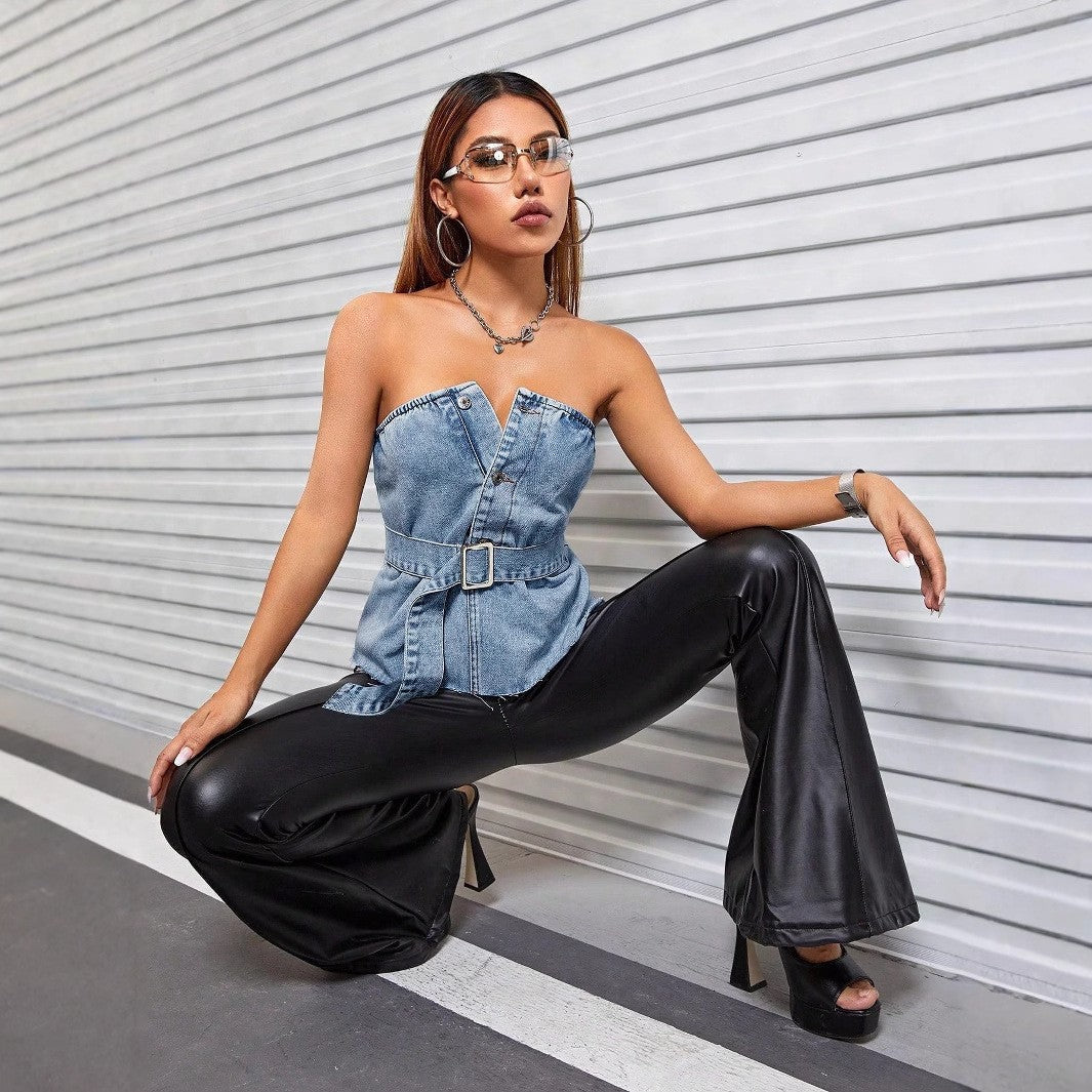 Naya Denim Lace-Up Tube Top
