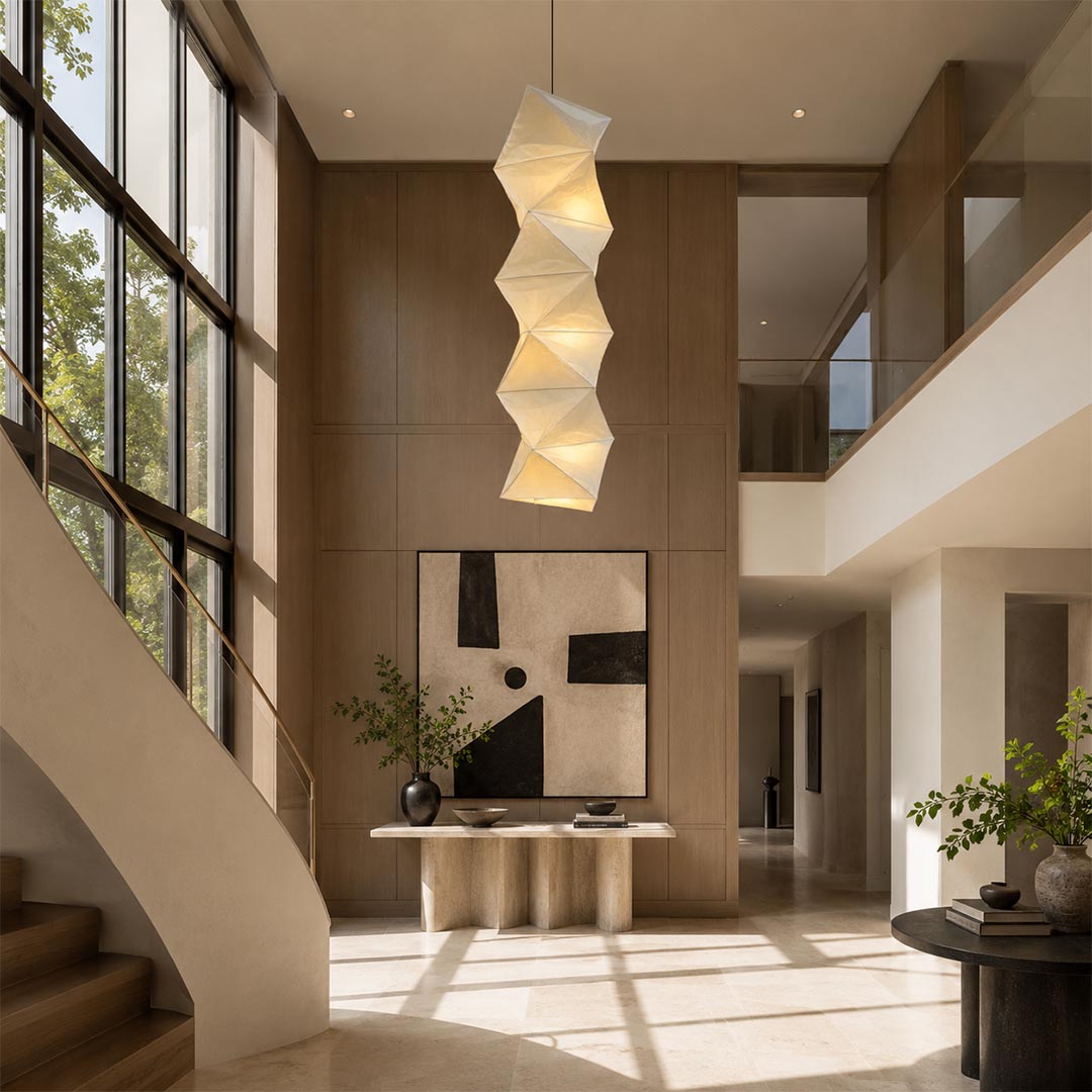 Akari L8 Washi Paper Accordion Pleated Tall Pendant Light