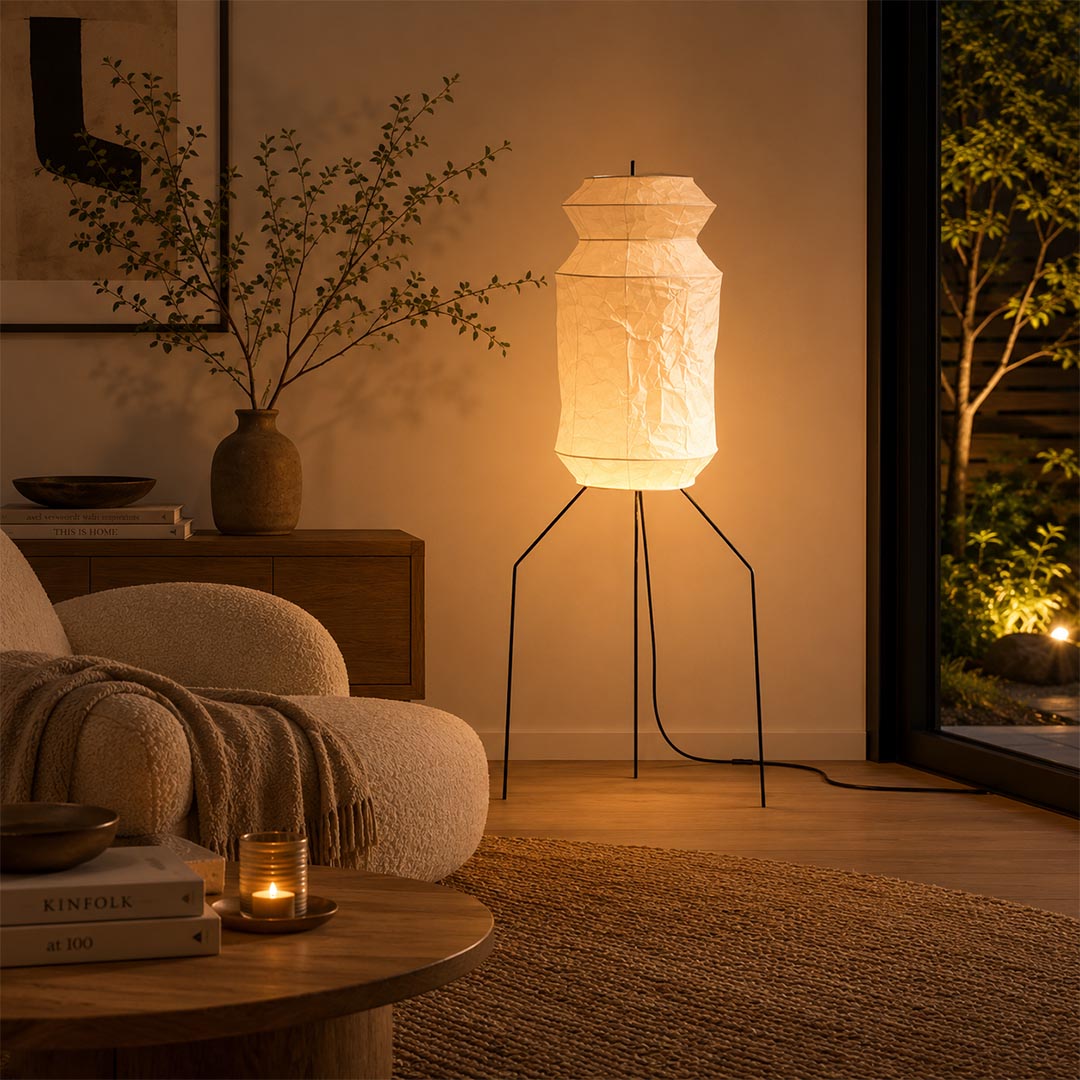 Akari UF3-L6 Slim Crinkled Washi Paper Tall Floor Lamp