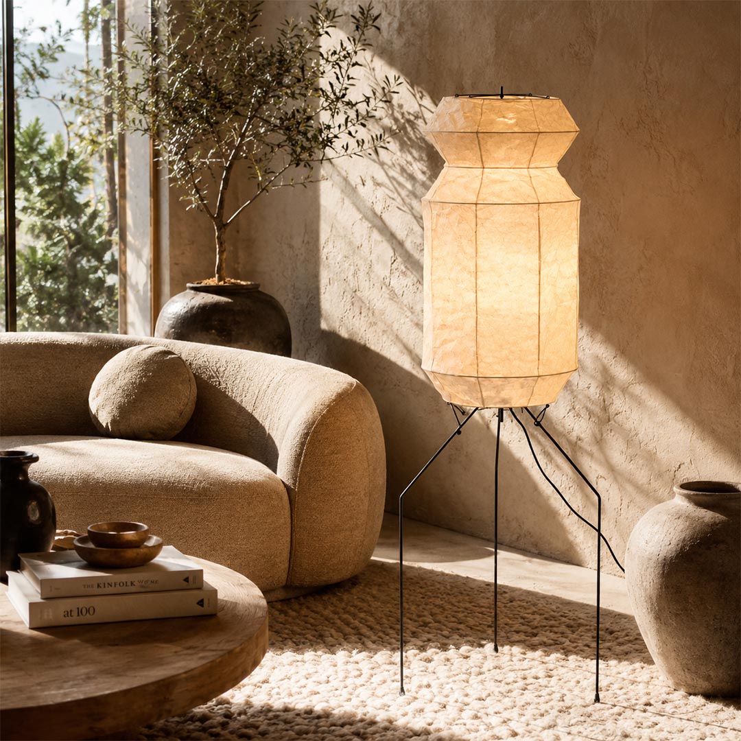 Akari UF3-L6 Slim Crinkled Washi Paper Tall Floor Lamp