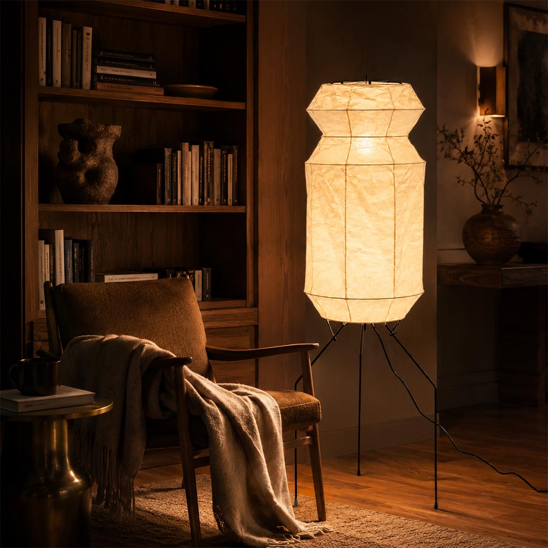 Akari UF3-L6 Slim Crinkled Washi Paper Tall Floor Lamp