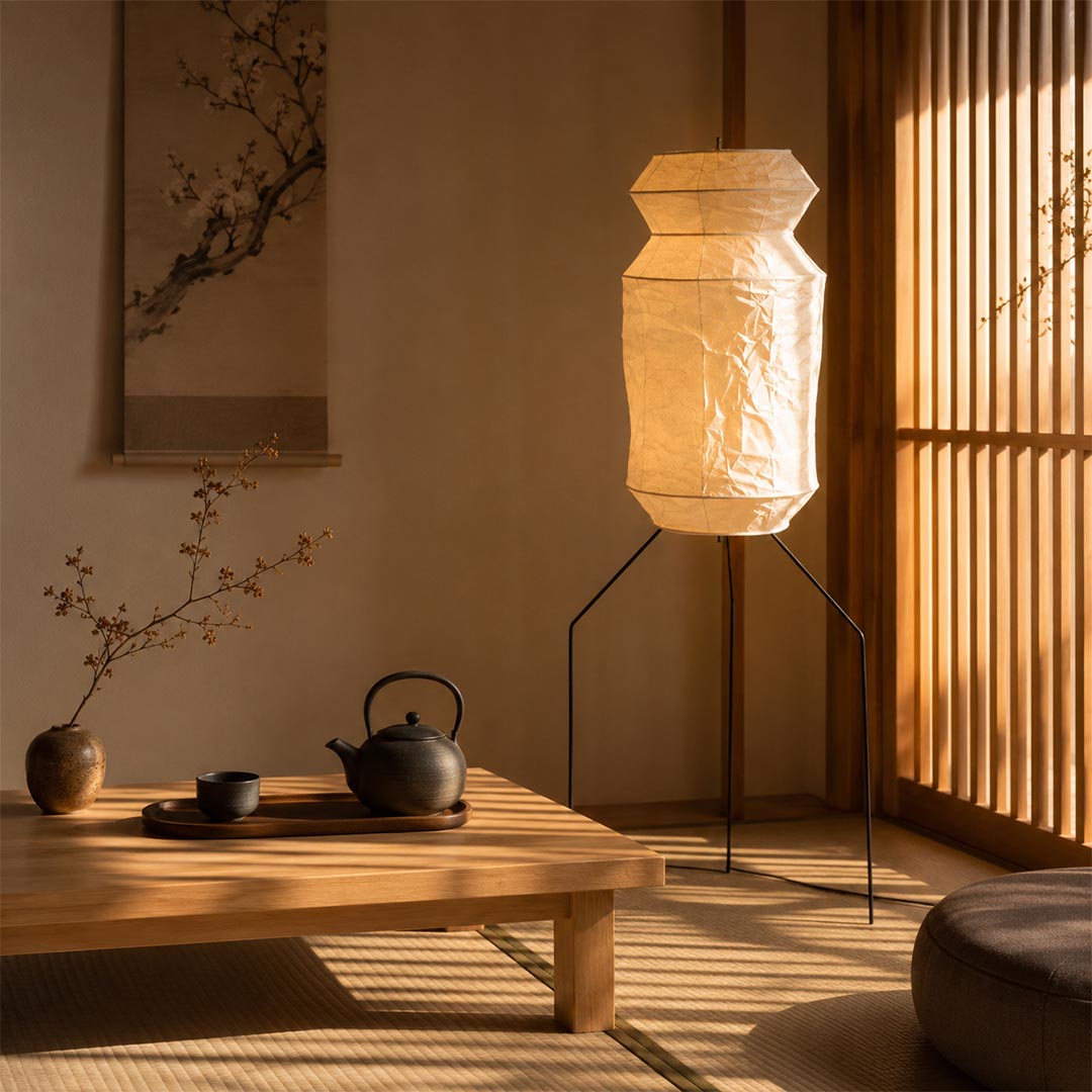 Akari UF3-L6 Slim Crinkled Washi Paper Tall Floor Lamp
