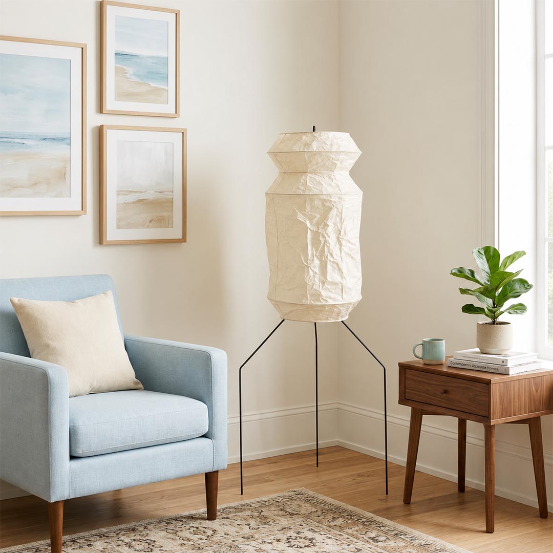 Akari UF3-L6 Slim Crinkled Washi Paper Tall Floor Lamp